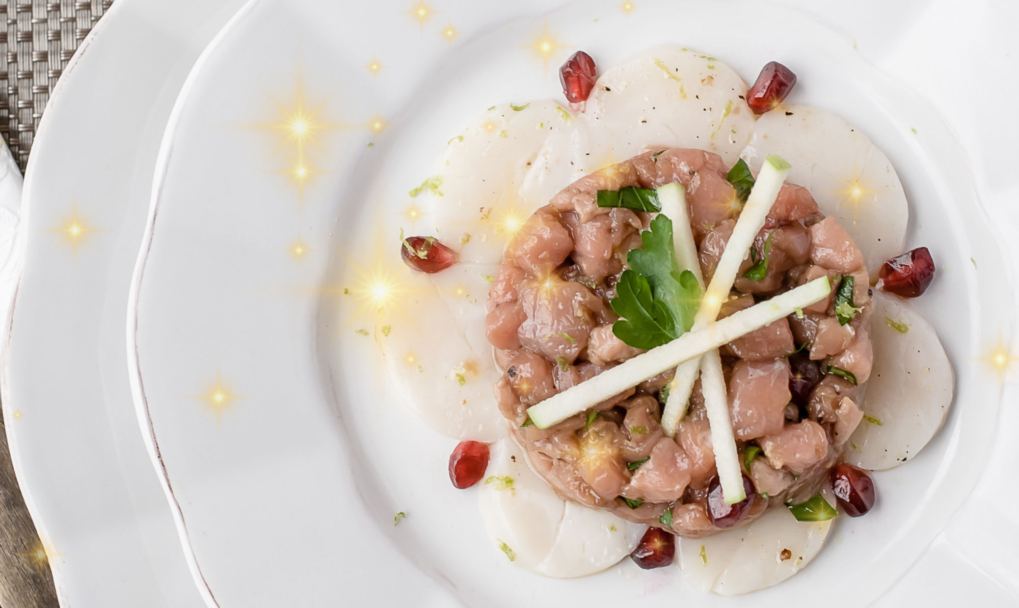Tartare de Veau d'Aveyron et du Ségala, carpaccio de St Jacques aux saveurs asiatiques Tartare de Veau d'Aveyron et du Ségala, carpaccio de St Jacques aux saveurs asiatiques